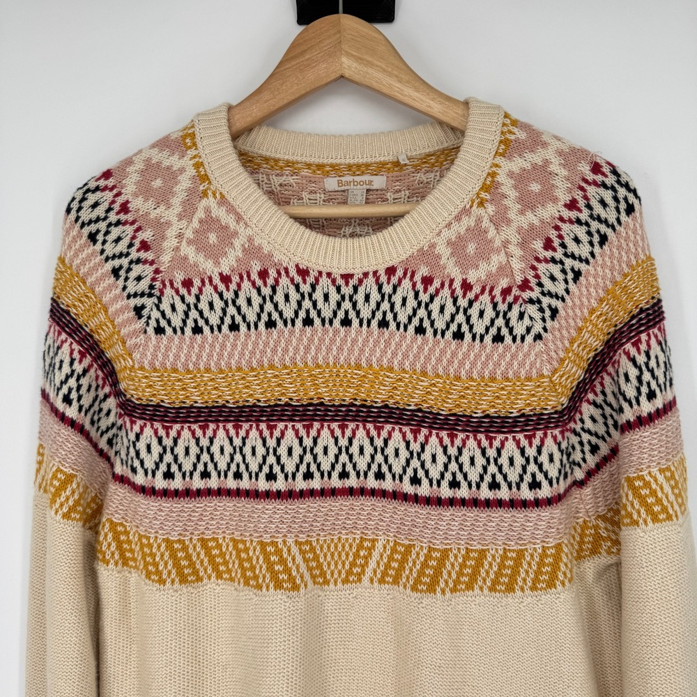 Barbour Fair Isle Sweater 8 Cotton Wool Homewood Knit Pullover Cream Preppy Boho